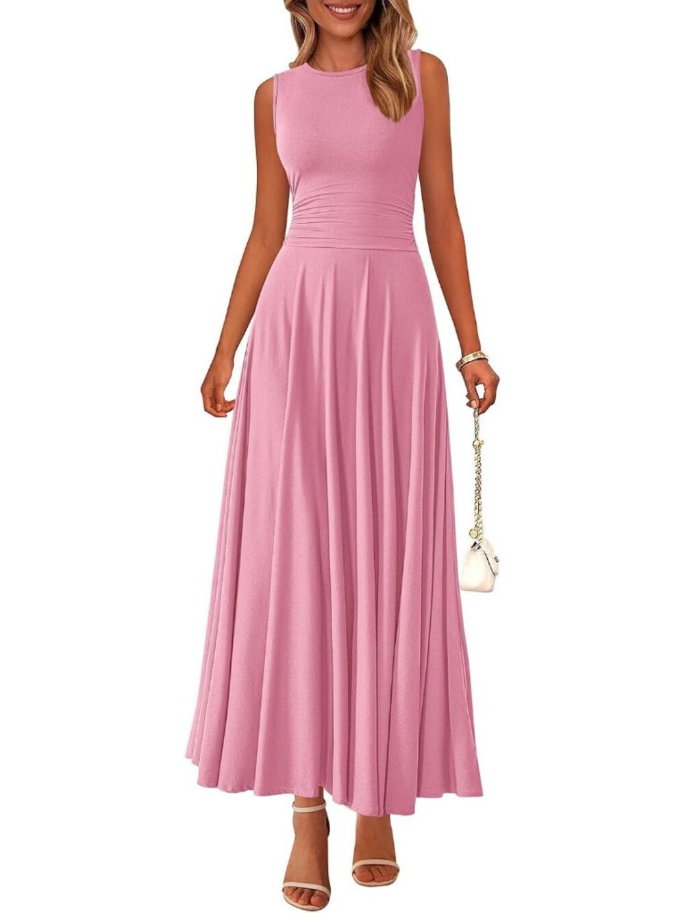 Women's Pink Crewneck High Waisted Casual Sleeveless 2026 Aline Maxi Dresses